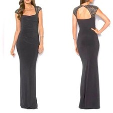 Lauren Ralph Lauren Evening Black Sequin Cap Sleeve Full Length Gown Dress SZ 14