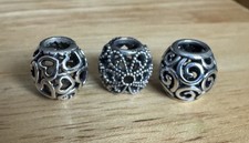 3 Genuine Pandora Silver Openwork Hearts Flower Swirls Charms Bundle 