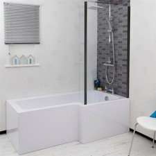 Bathroom L Shaped Bath Black Shower Screen Right Hand Front Panel White 1700mm