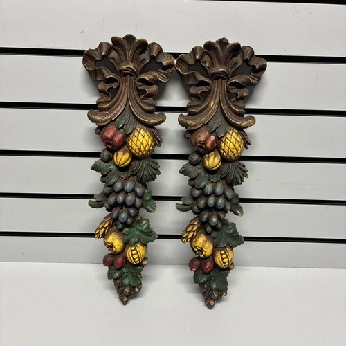 VTG Wall Hanging Decor Fruit Motif Plaques Set of 2 Syroco 1960s #7191 USA Made