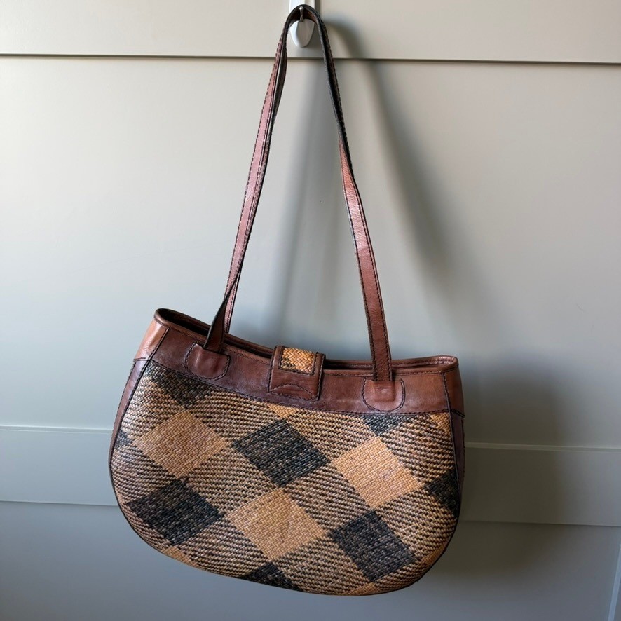 Bali Hand Woven Leather Shoulder Bag Womens Medium Brown Diamond Boho Purse image 2