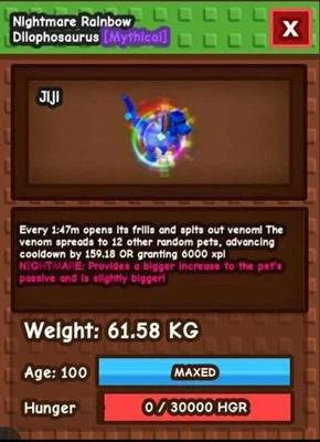 🌱 Grow A Garden 🌱 Nightmare Rainbow Hatched Dilophosaurus 60Kg+ Max Lvl