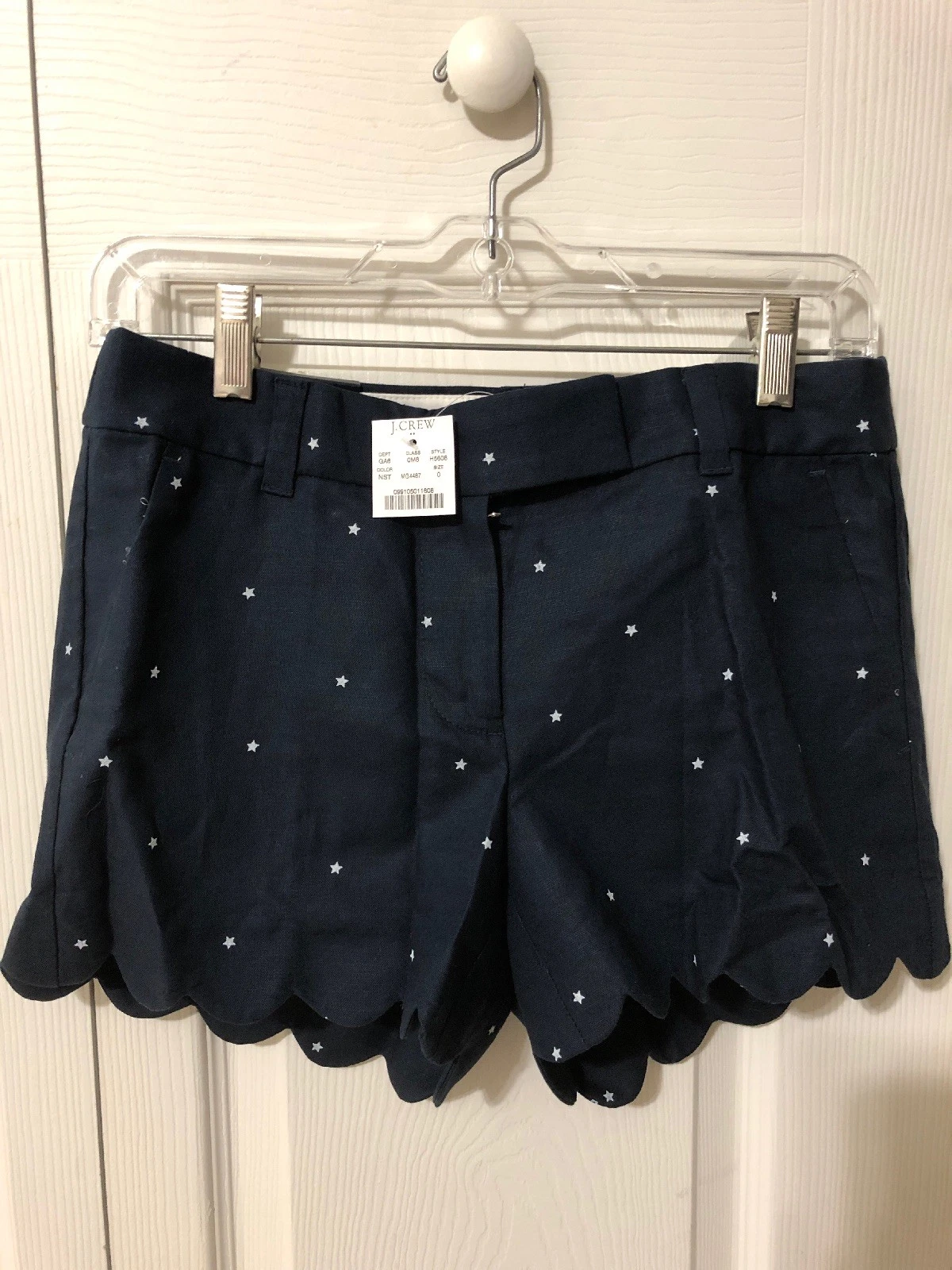 NWT J Crew 4” Scalloped Hem Shorts Size 0 Navy Stars Blue White Linen Cotton
