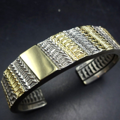 Huge MARC ANTIA Apache HAND STAMPED Sterling Silver and 14K GOLD Cuff BRACELET