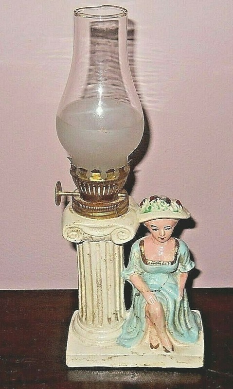 Unusual Vintage Hurricane Oil Lamp Chalk ? Woman at Lamp Post 8.75" Novelty 