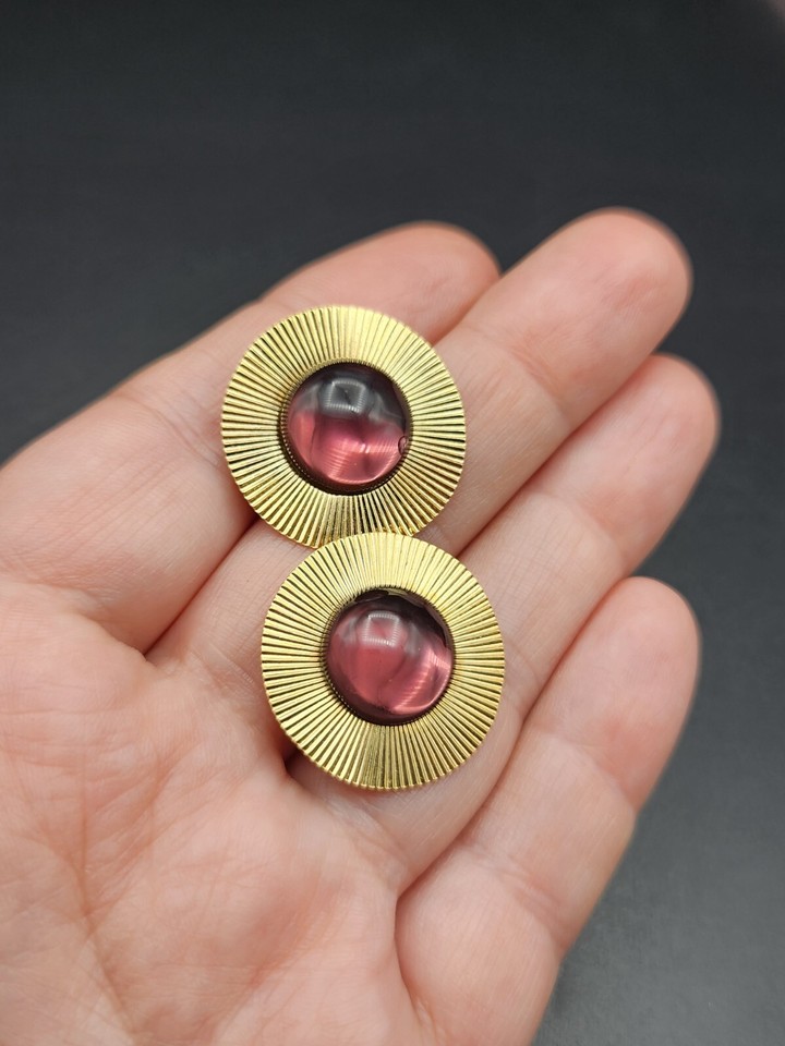 Vintage Art Deco Starburst Disk Purple Cabochon Gold Tone Earrings eBay
