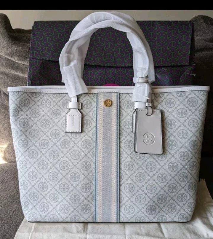 Tory Burch T Borsa in tela rivestita con monogramma taglia small nuova con etichette