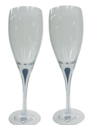 Set of 2 Orrefors Intermezzo Blue Wine Glasses Goblets 9'' NIB Vintage Fast Ship