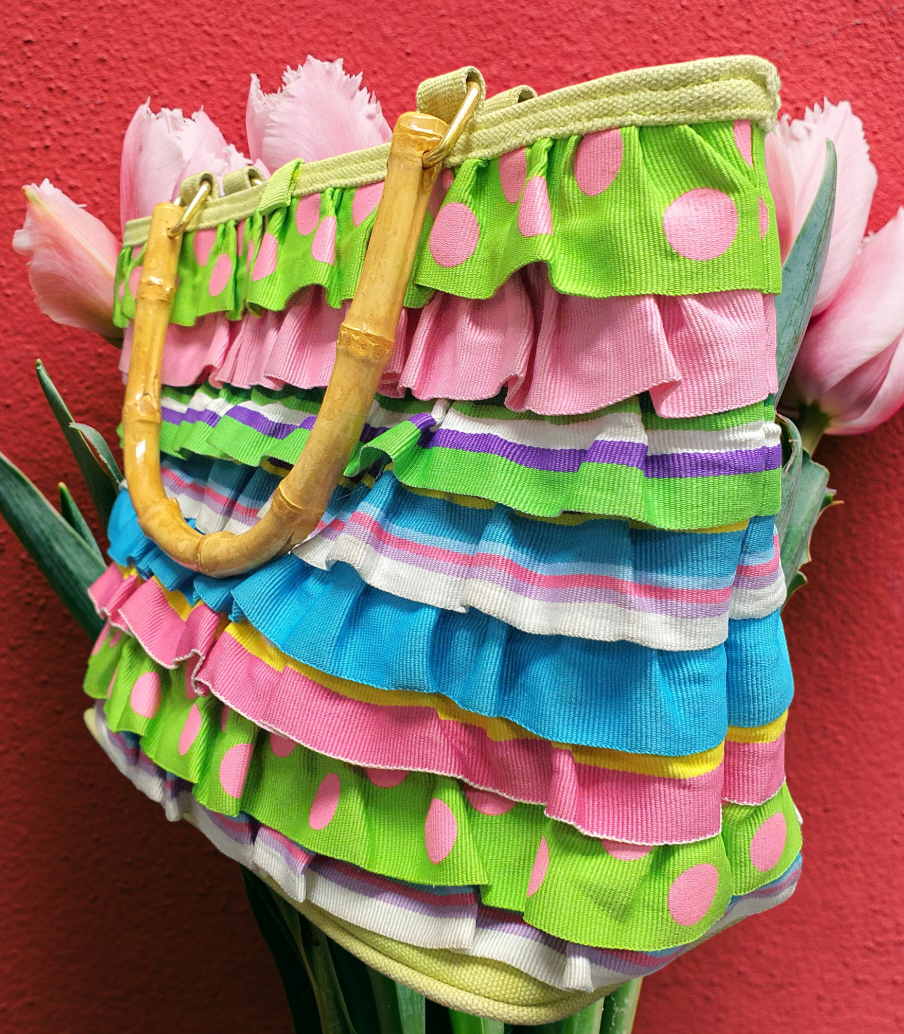 TiannI Handbag Ruffles Polka Dots Pink Faux Bamboo Handle by Y&S 12in x 8in VTG