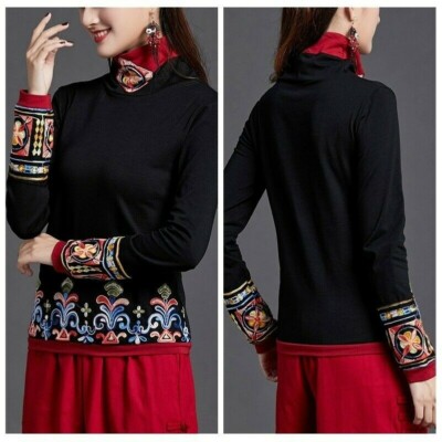 Chinese Embroidery Shirt Vintage Women Mandarin Collar Top Flare Blouse New