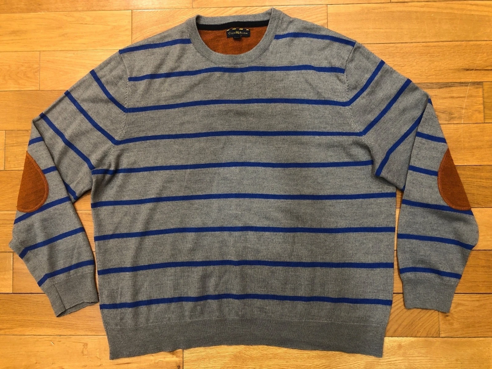 Club Room Merino Blend Crew Neck Gray Striped Sweater Size XL