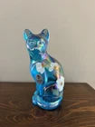 Fenton Celeste Blue Stretch Glass Cat Figurine Hand Painted