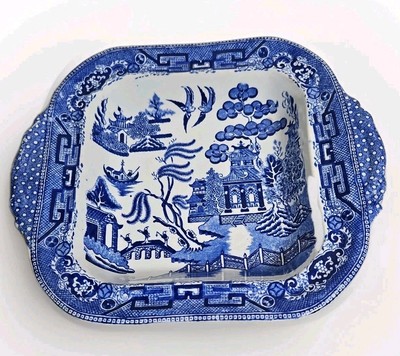 ANTIKE W. RIDGWAY HALBPORZELLAN WEIDENFLUSS BLAU und WEISS rechteckige Schale Griff