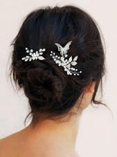2 Pack Butterflies Bride Wedding Hair Pins Silver Pearl Crystal Leaf Access