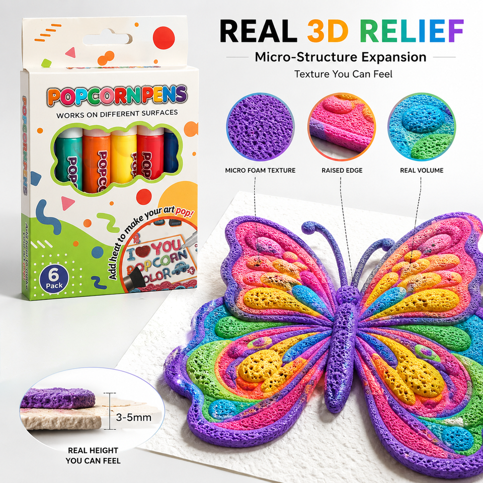 6Pcs Popcorn 3D Puffy Drawing Pens Heat Expand DIY Relief Art Markers ...