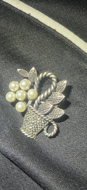 Marcasite Pearl Genuine 925 Sterling Silver Flower Pot Vintage Brooch Pin 4g NOS