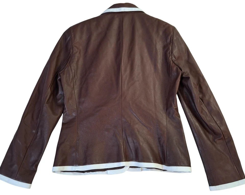 Blazer Ralph Lauren Collection Cuero Mujer 12 Marrón Blanco Borde Hecho en EE. UU. Foto 2 de 4