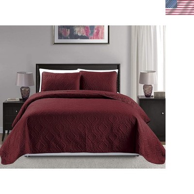 King California King Bedspread Bed Cover 118x106 3pc Burgundy Microfiber