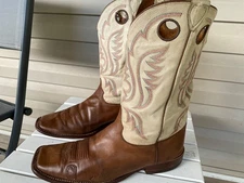 Justin Vintage Mens SZ 14 EE Cowboy Boots With Toe Repair Square Toe Check Photo