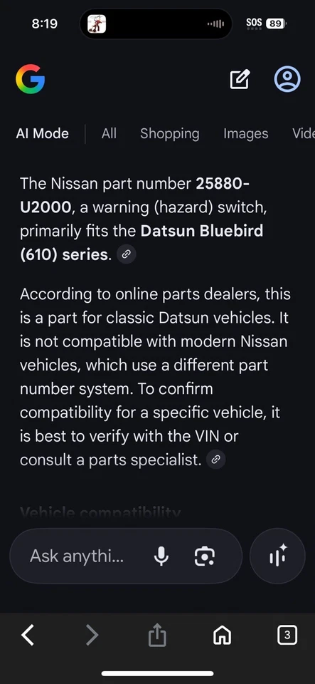 Novo interruptor de perigo OEM Nissan 25880U2000 compatível com Datsun Bluebird 610 novo na caixa - Imagem 2 de 4