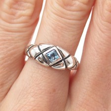 925 Sterling Silver Vintage Real Princess-Cut Blue Topaz Oxidized Ring Size 7
