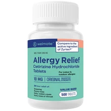 Welmate Allergy Relief | Cetirizine HCl 10 mg | 500 Count Tablets | 24 Hour