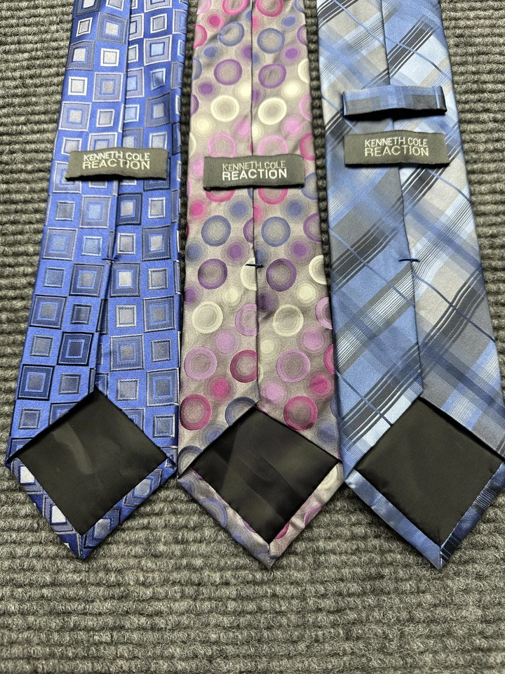 Lote de 3 Gravatas Kenneth Cole Reaction Masculinas Seda Azul Cinza Roxo Xadrez Geométrico - Imagem 2 de 4