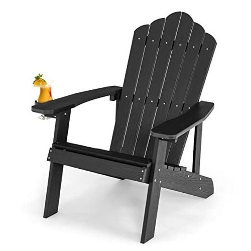 Outdoor Adirondack Chair with Cup Holder, Plastic Resin Outdoor Deck 1 Black