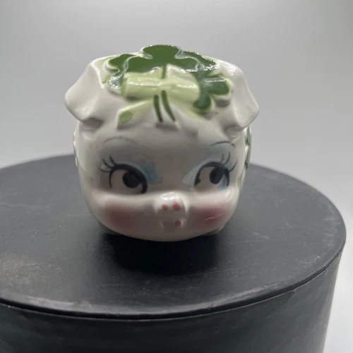 Lefton Shamrock Ceramic Kitsch Mini Piggy Bank 2.5"x 3.5 Anthropomorphic Pig VTG