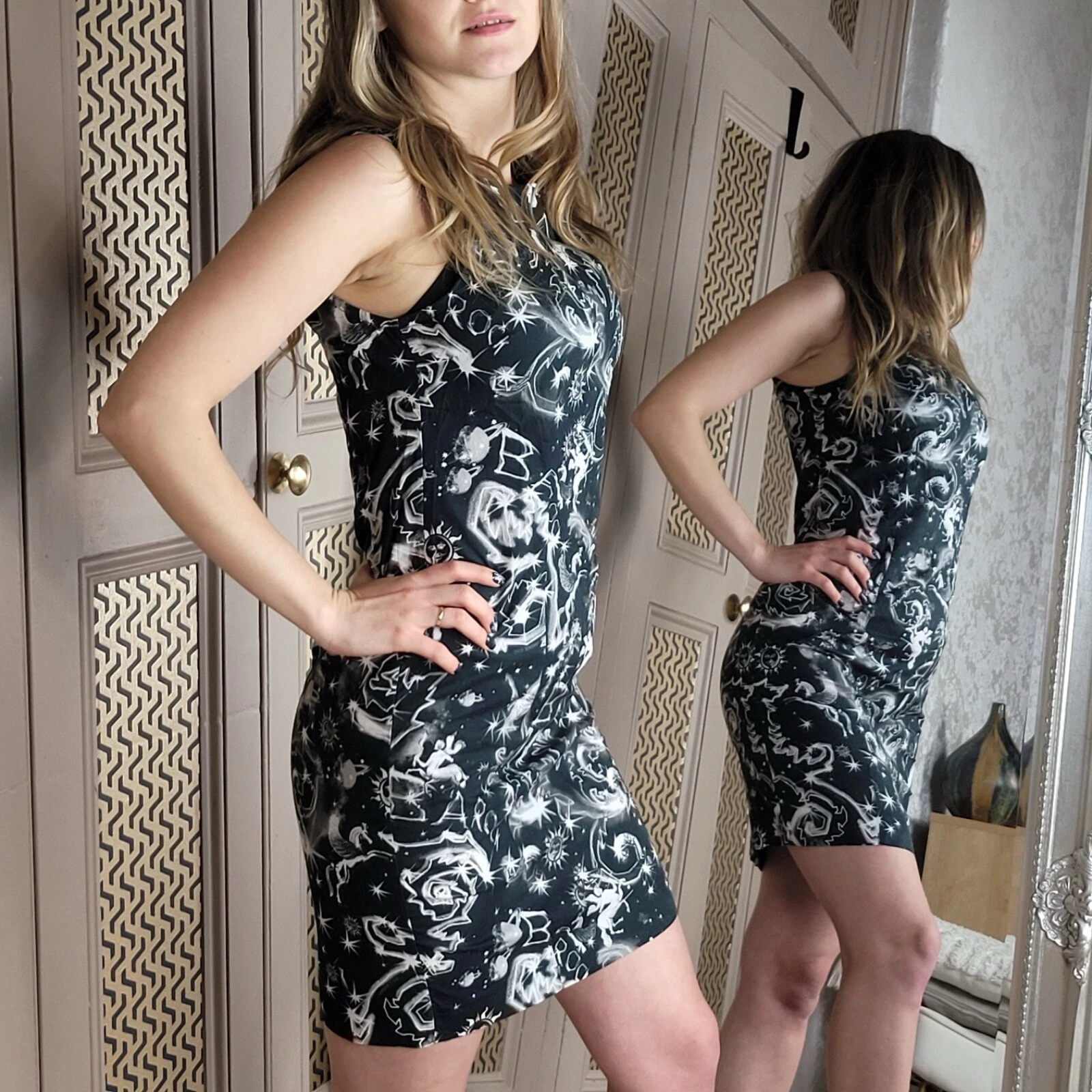 Gianni Versace Jeans Couture abito top senza maniche nero bianco fantasia bodycon S