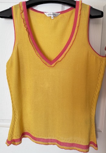 OSCAR DE LA RENTA Excellent Bright Yel Hot Pink Vest Cashmere/Silk ITALY - Picture 3 of 8