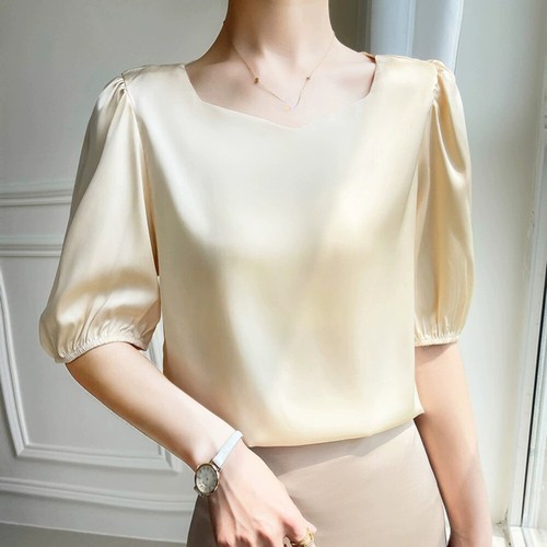 Lady Satin Faux Silk Shirt Top Blouse Short Sleeve Tee Casual Summer Fashion New - Bild 10 von 12