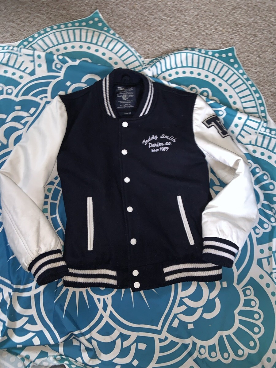 TEDDY SMITH Small 12 Wool W/white Leather Sleeves Varsity Bomber