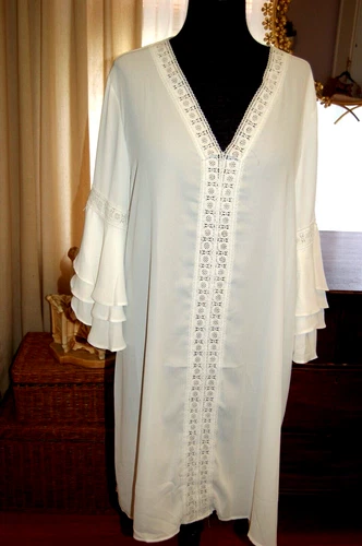 Women's XL White Dress w/ Bell Sleeves and Lace Trim - Dress or Cover Up NEW
