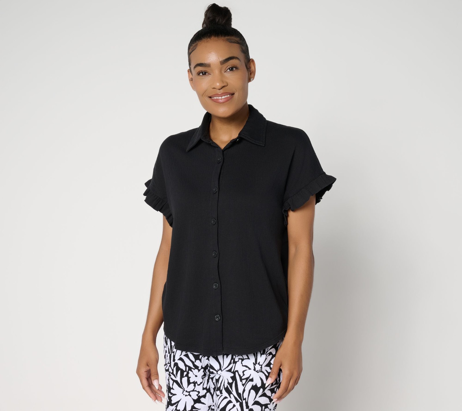 Belle by Kim Gravel Women's Top Sz L Packabelle Ruffle Sleeve Black A687805