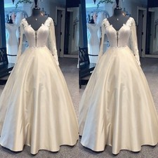 Elegant Wedding Dresses V Neck Long Sleeves Satin A Line Bridal Gown Sweep Train