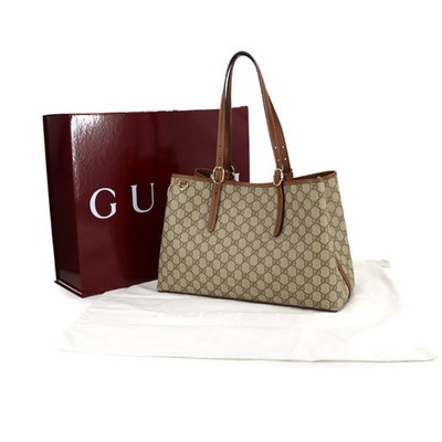 GUCCI GG Emblem Large Tote Bag Beige Brown Leather 815213 Purse
