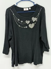 Quacker Factory Sweater Jeweled Heart Necklace Embellished Top Black Size 1X