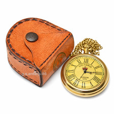 Brass 2" Pocket Watch with Leather Box Antique Vintage Maritime Victorian Style