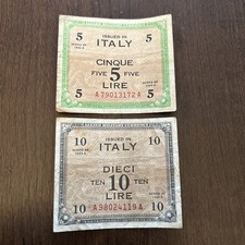 2 x WWII 1943 Allied Millitary Italy 10 & 5 Lire Banknotes, Used