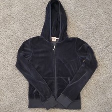 Y2K Juicy Couture Black Velour Full Zip Hooded Logo Hoodie w/ Pockets S