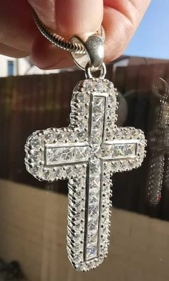Very Large Sterling Silver/CZ Cross + Silver 24" Snake Chain Total Weight 35.6g - Image 1 of 4