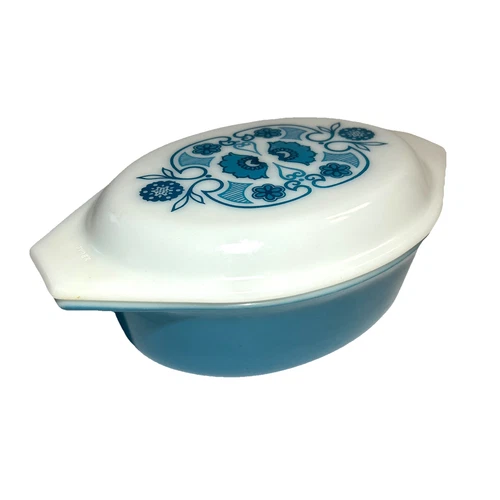 Vintage Pyrex Blue Horizons Oval Casserole Dish With 043 Lid 1.5 Quart 1 1/2 Qt.