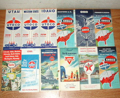 1950S GAS & OIL ROAD MAPS LOT OF 12: UTOCO-AMOCO-CONOCO-TEXACO-GULF-CARTER-DERBY