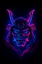 Neon Samurai Gamer Mask Cyberpunk Glow Poster Print Framed Canvas Wall Art