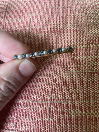 10k Solid Yellow Gold White Pearl & Ceylon Blue Sapphire Bar Pin Brooch 2.09 gm - Picture 4 of 7