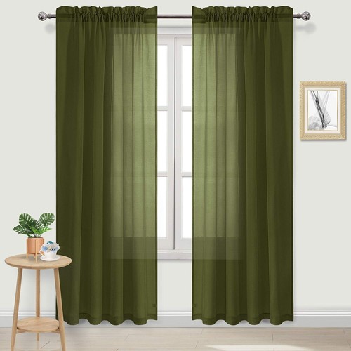 Olive Green Sheer Curtains Semi Transparent Voile Rod Pocket Curtains for Bed...