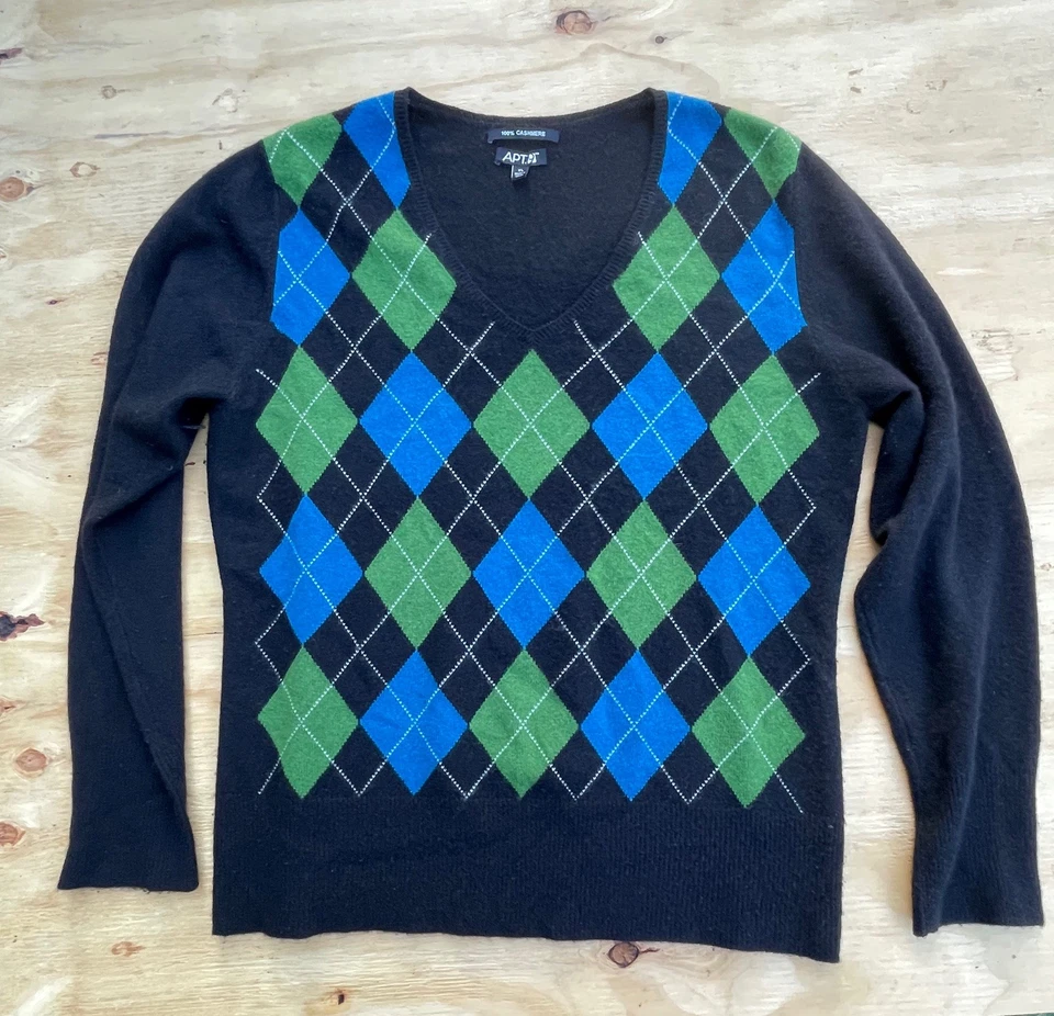 Apt 9 Womens argyle cashmere v-neck sweater XL black blue green Office Soft - Image 2 of 4