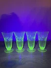 Vintage Green Uranium Depression Glass Etched Floral Footed Tumblers - Set of 4