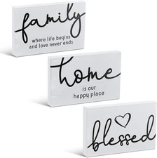 3-Pcs Rustic Wood “Blessed” Signs Mini Farmhouse Decor Table Shelves